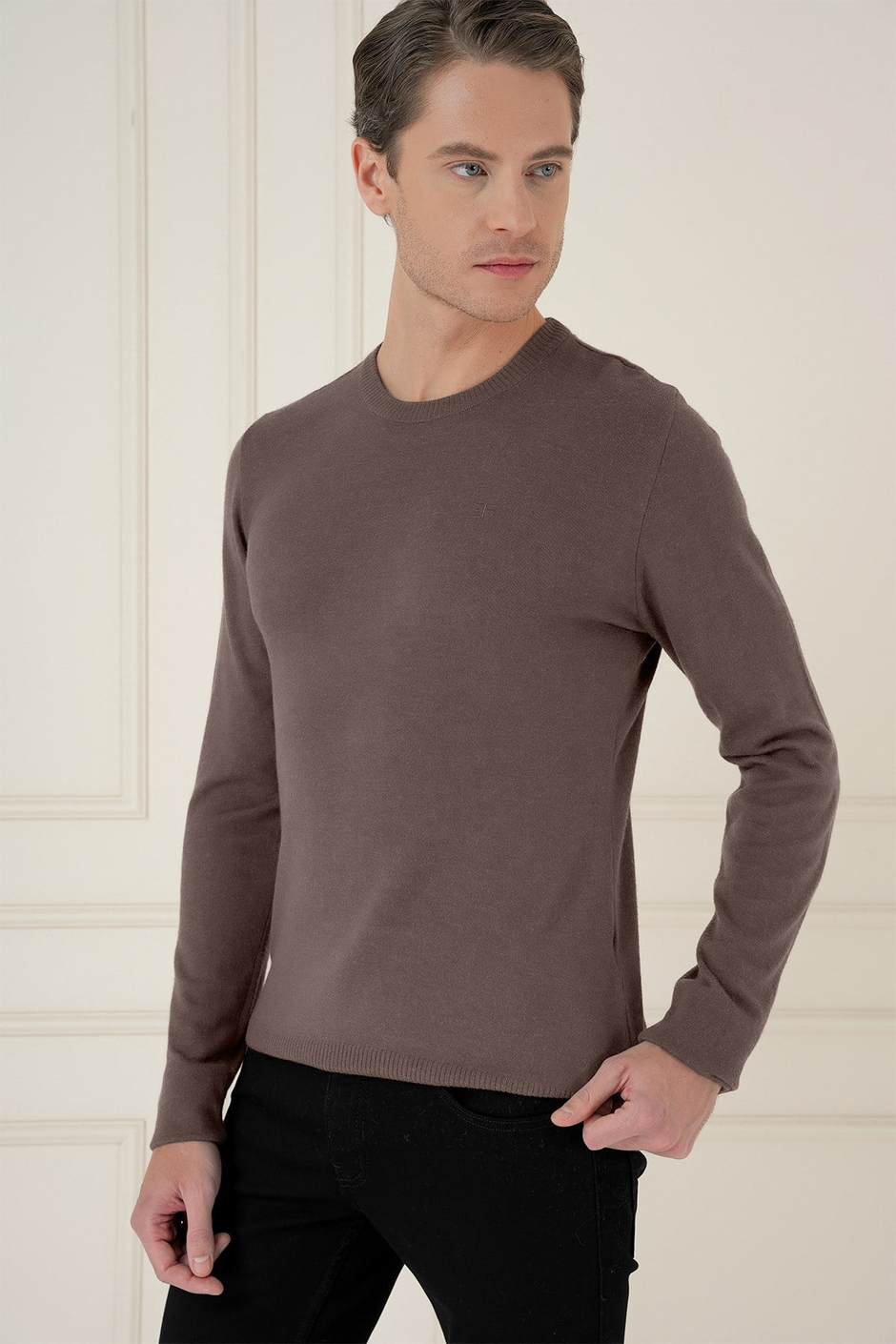 Slim Fit Ribanalı Düz Vizon Yünlü Bisiklet Yaka Triko Kazak TR 875
