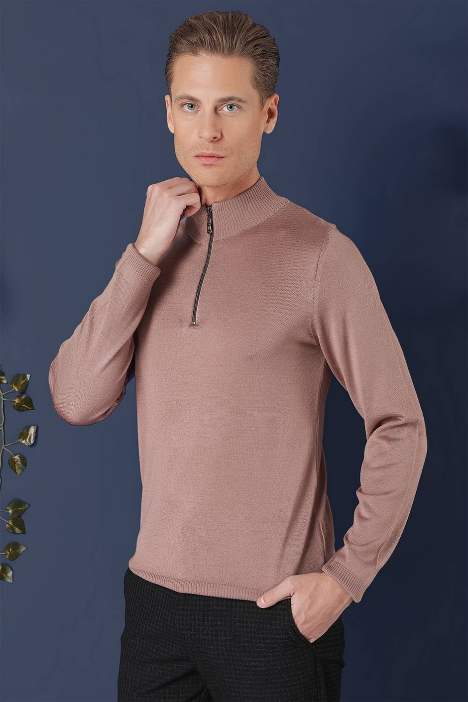 Slim Fit Ribanalı Fermuarlı Yarım Balıkçı Yünlü Gül Kurusu Triko Kazak TR 861