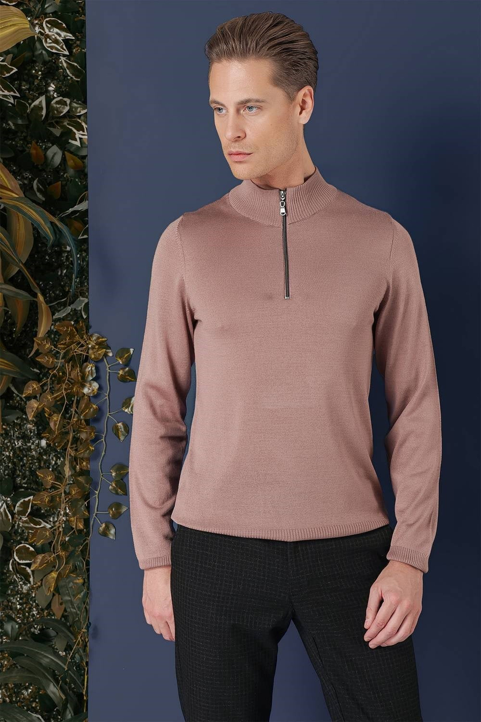 Slim Fit Ribanalı Fermuarlı Yarım Balıkçı Yünlü Gül Kurusu Triko Kazak TR 861