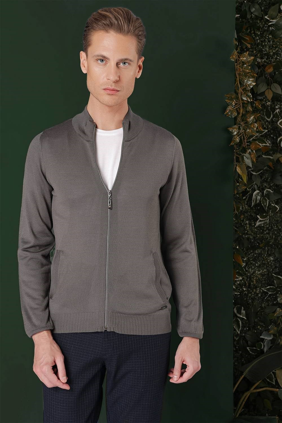 Slim Fit Ribanalı Füme Yünlü Fermuarlı Hırka Triko Kazak TR 860