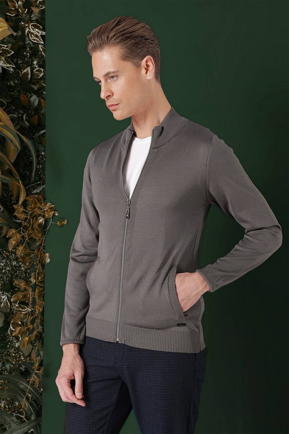 Slim Fit Ribanalı Füme Yünlü Fermuarlı Hırka Triko Kazak TR 860