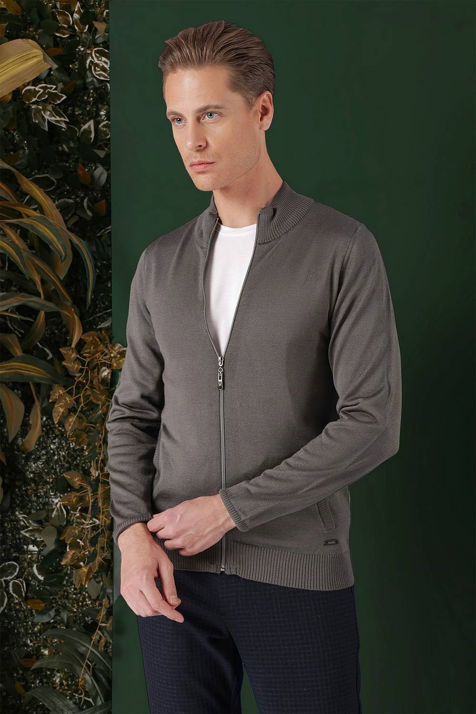 Slim Fit Ribanalı Füme Yünlü Fermuarlı Hırka Triko Kazak TR 860