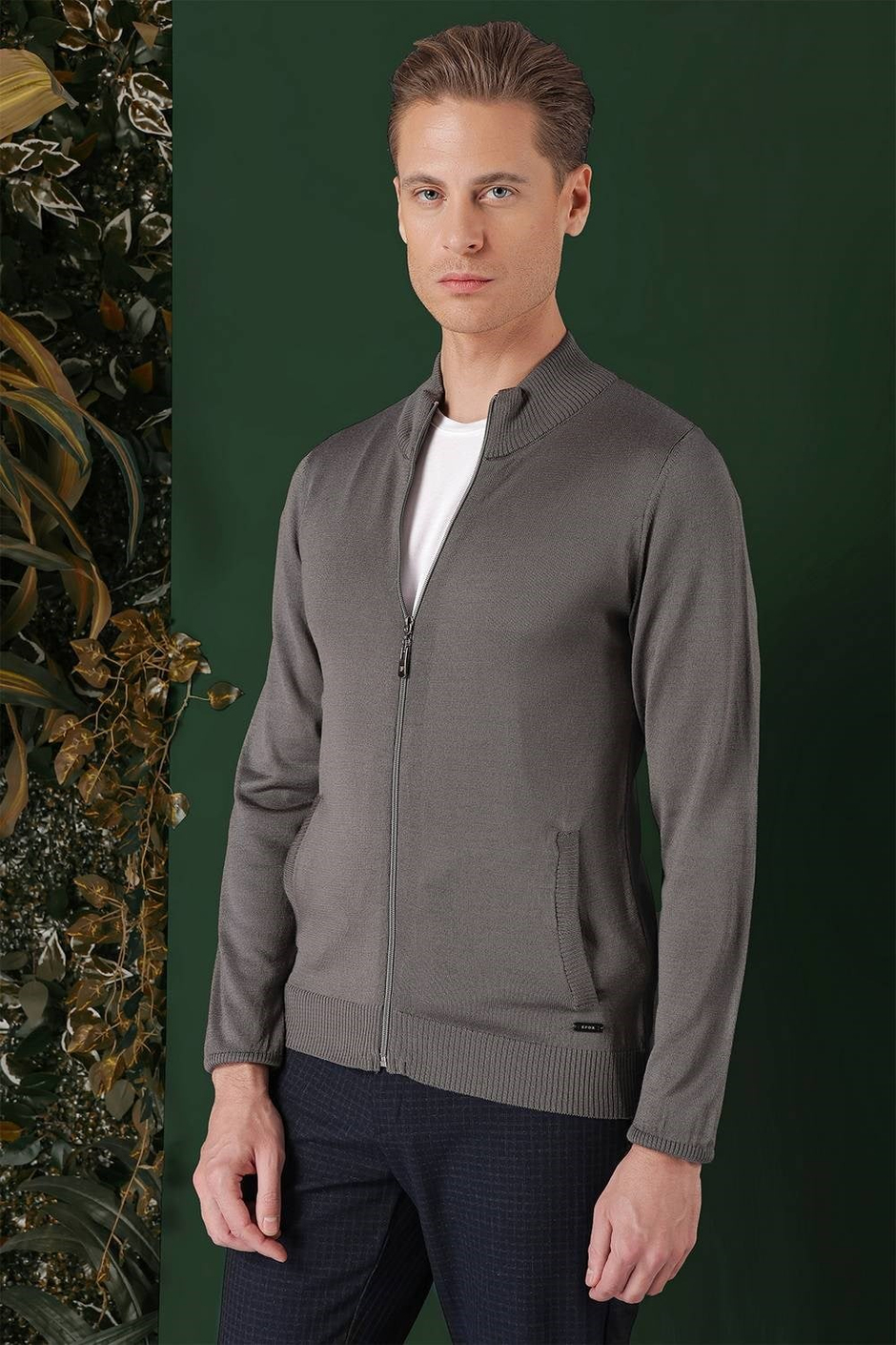 Slim Fit Ribanalı Füme Yünlü Fermuarlı Hırka Triko Kazak TR 860