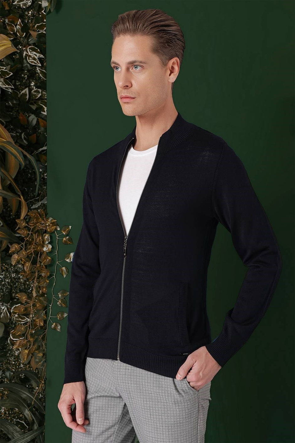 Slim Fit Ribanalı Lacivert Yünlü Fermuarlı Hırka Triko Kazak TR 860
