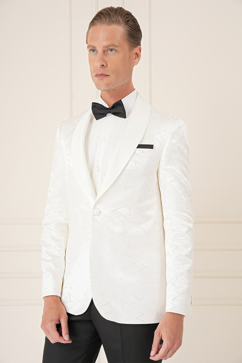 Slim Fit Saten Yaka Çift Yırtmaçlı Tek Düğmeli Krem Damatlık Smokin Ceket Black 036