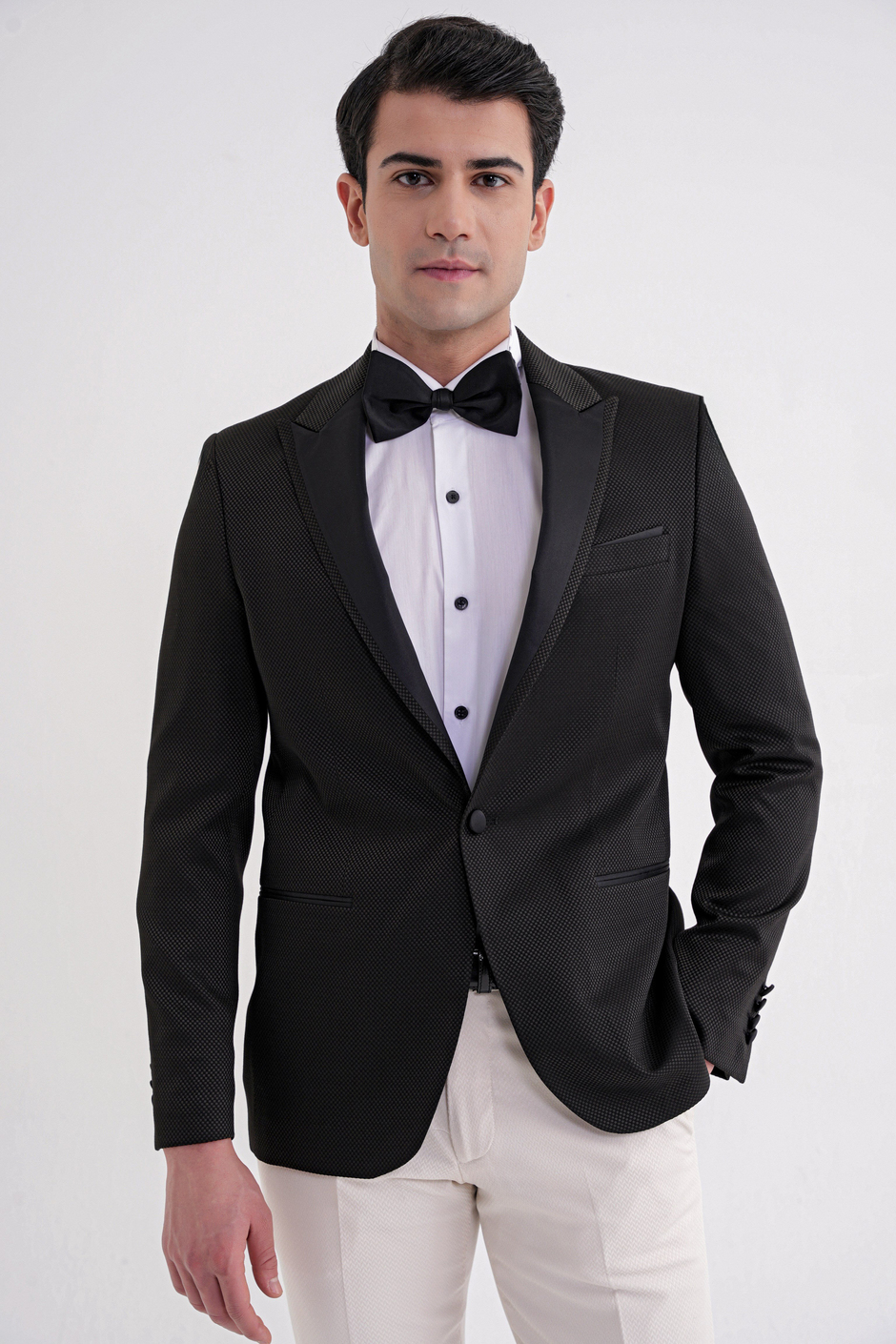Slim Fit Saten Yaka Çift Yırtmaçlı Tek Düğmeli Siyah Damatlık Smokin Ceket Black 035 