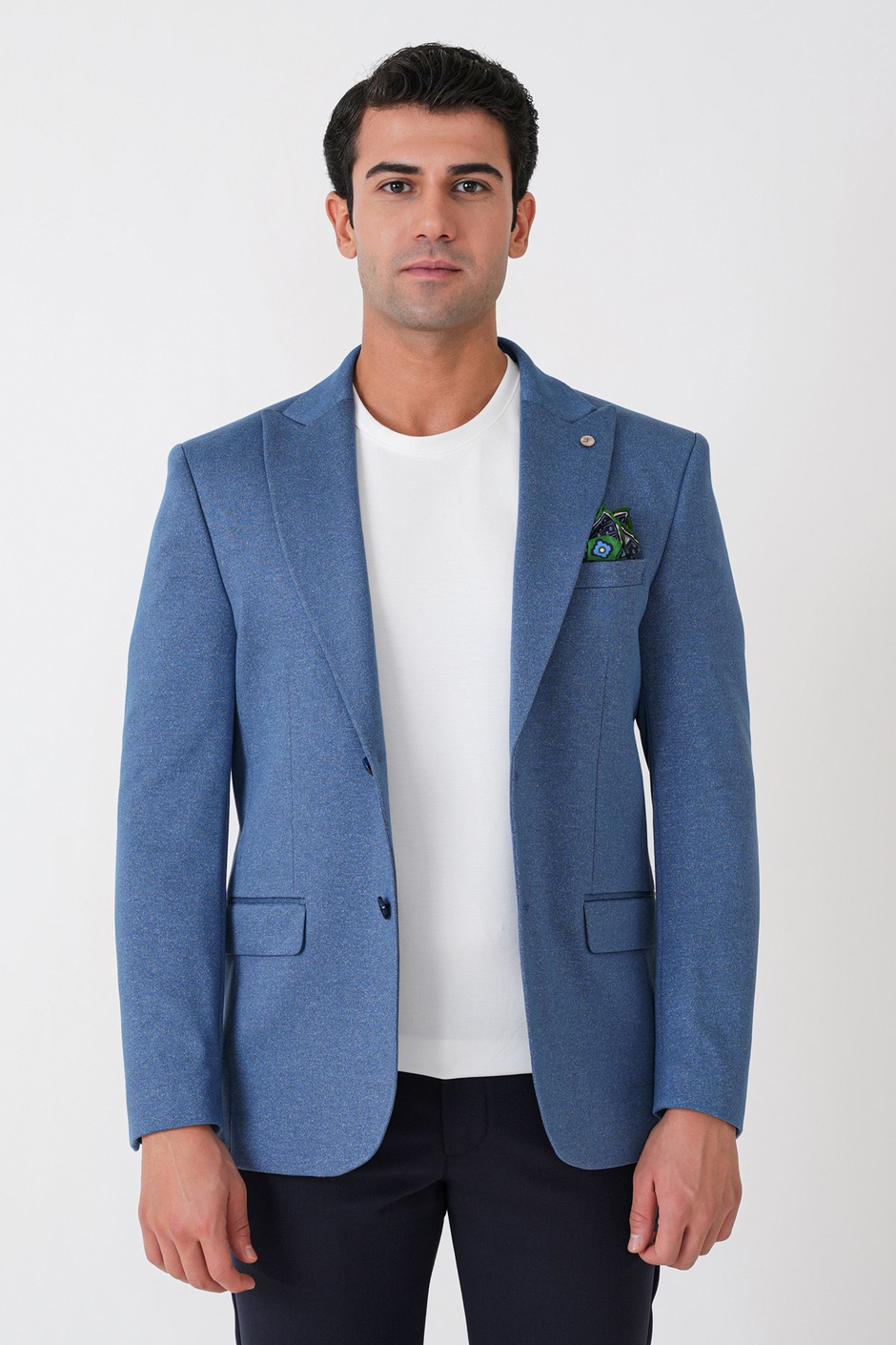 Slim Fit Sivri Yaka Çift Yırtmaçlı Esnek Yünlü İndigo Ceket C 746