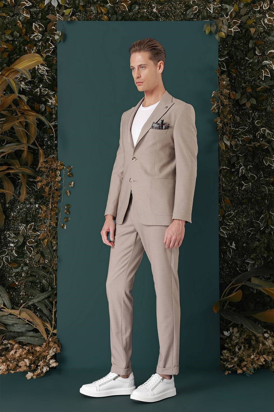 Slim Fit Sivri Yaka Esnek Pamuklu Dokulu Bej Blazer Ceket C 659