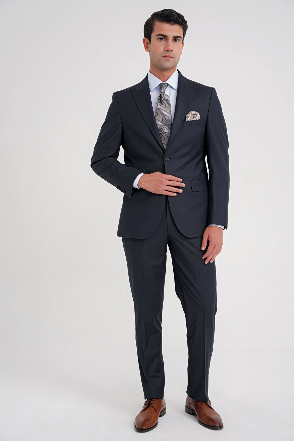 Slim Fit Sivri Yaka Esnek Yünlü Düz Lacivert Klasik Takım Elbise TK 928