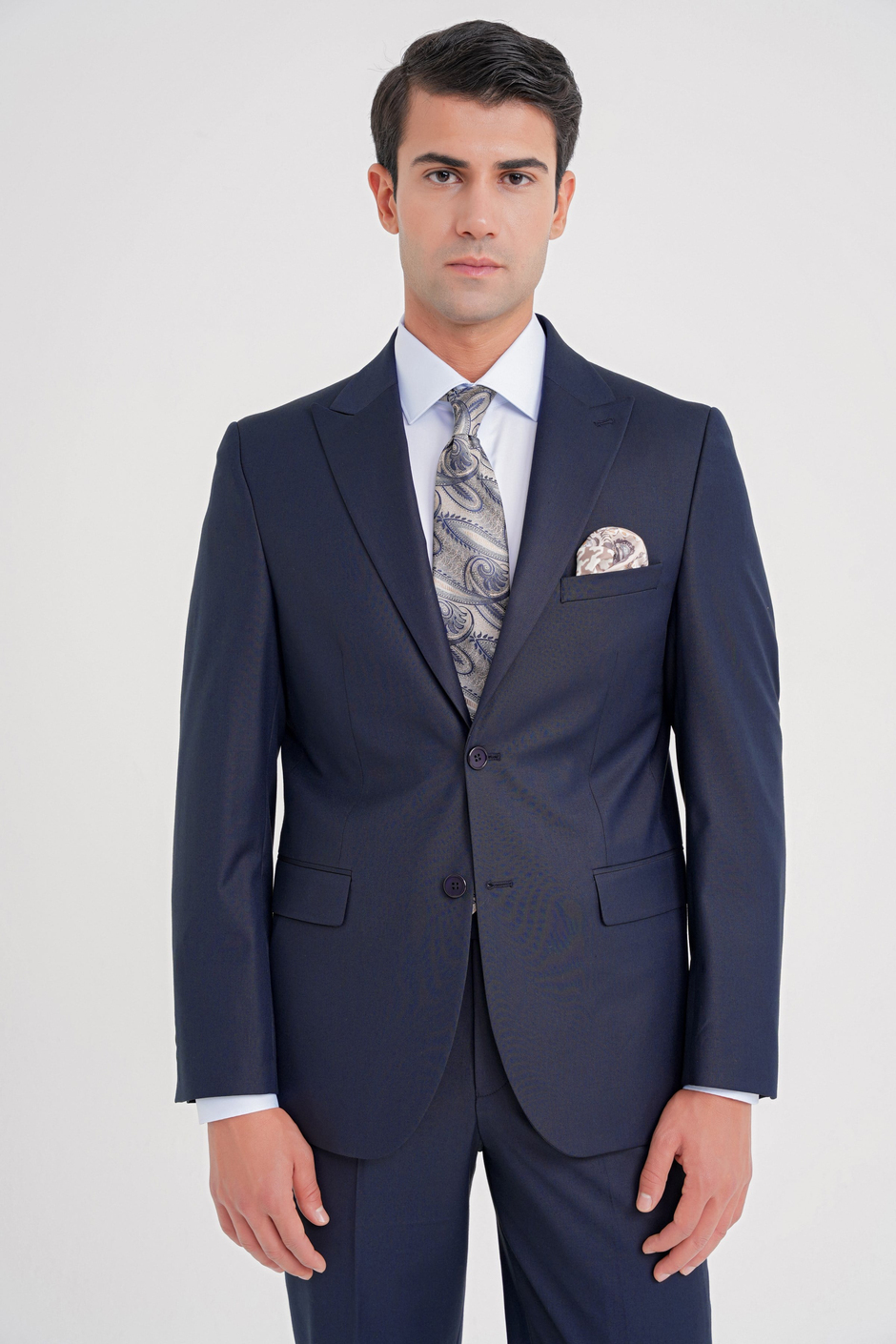 Slim Fit Sivri Yaka Esnek Yünlü Düz Lacivert Klasik Takım Elbise TK 928