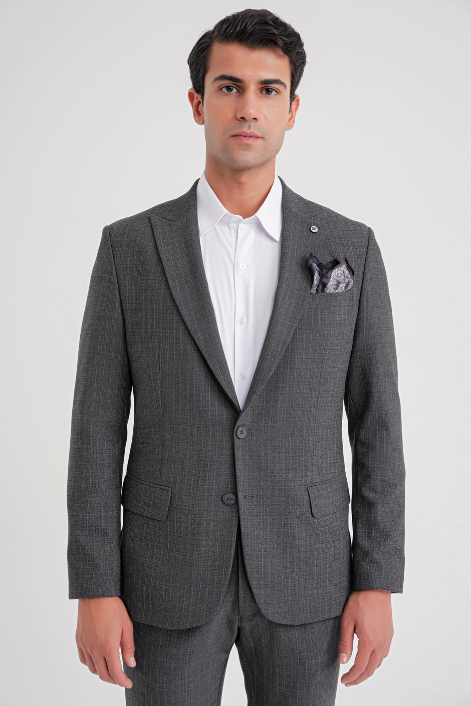 Slim Fit Sivri Yaka Torba Cepli Yünlü Çizgili Füme Ceket C 724