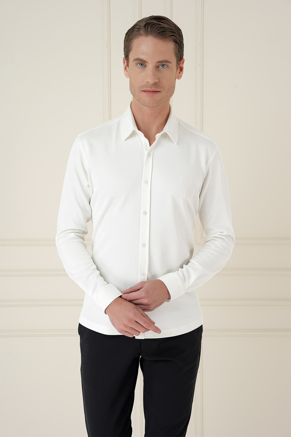 Slim Fit Spor Yaka Cepsiz Pamuklu Ekru Gömlek G 1580