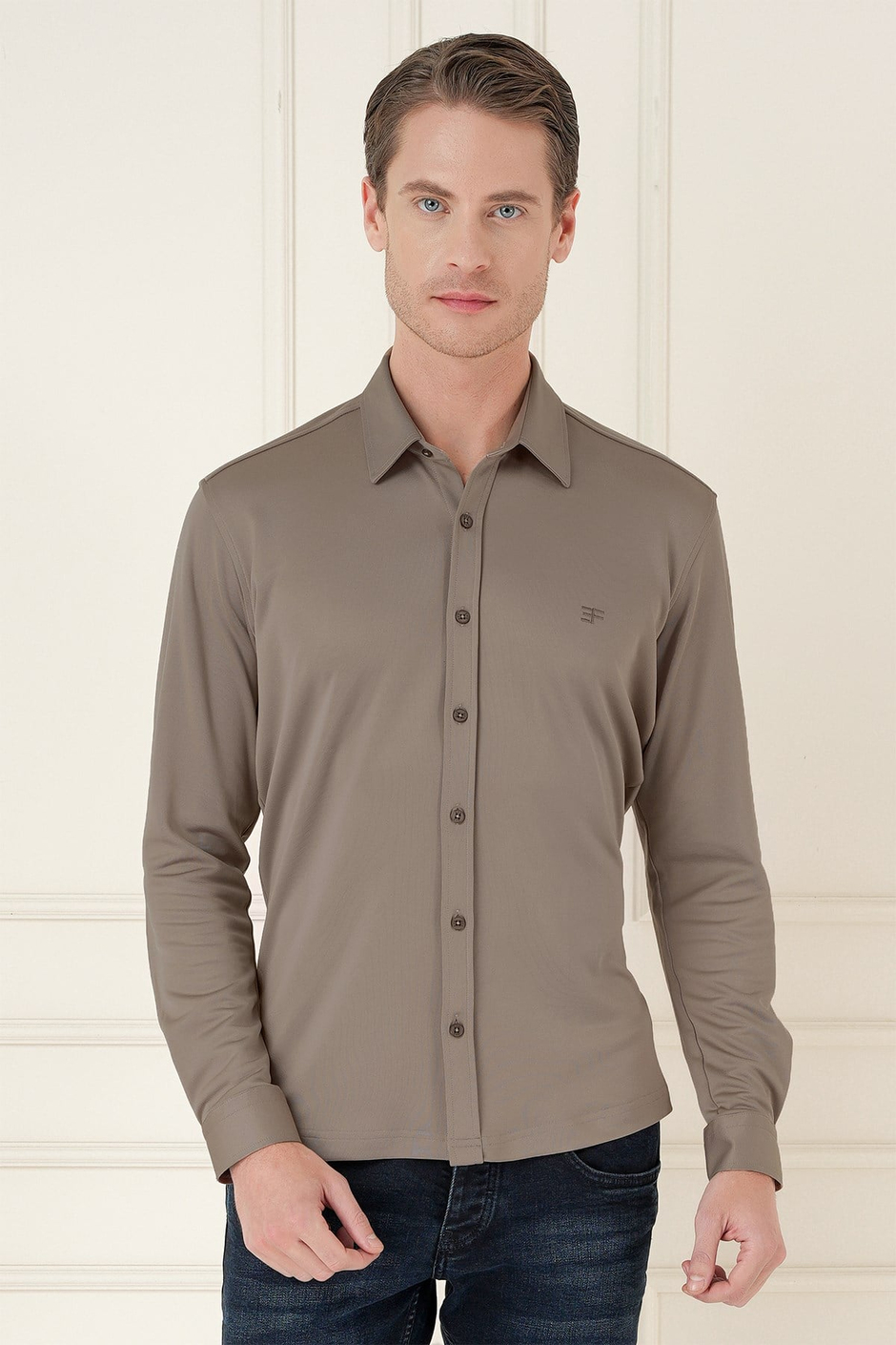 Slim Fit Spor Yaka Cepsiz Pamuklu Vizon Gömlek G 1580