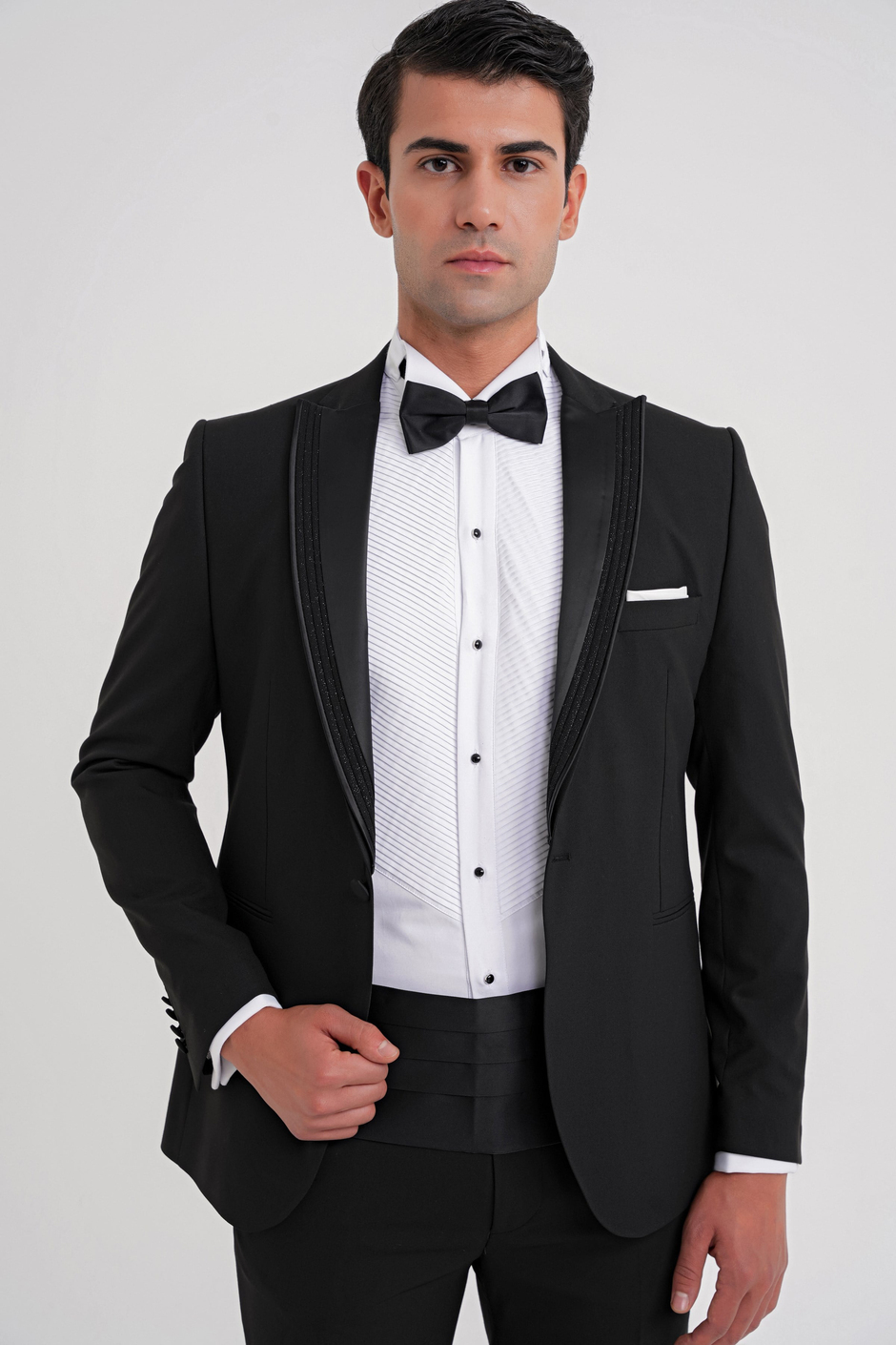 Slim Fit Tek Düğme Fleto Cep Çıkarılabilir Saten Yaka Siyah Damatlık Smokin Takım Black 084