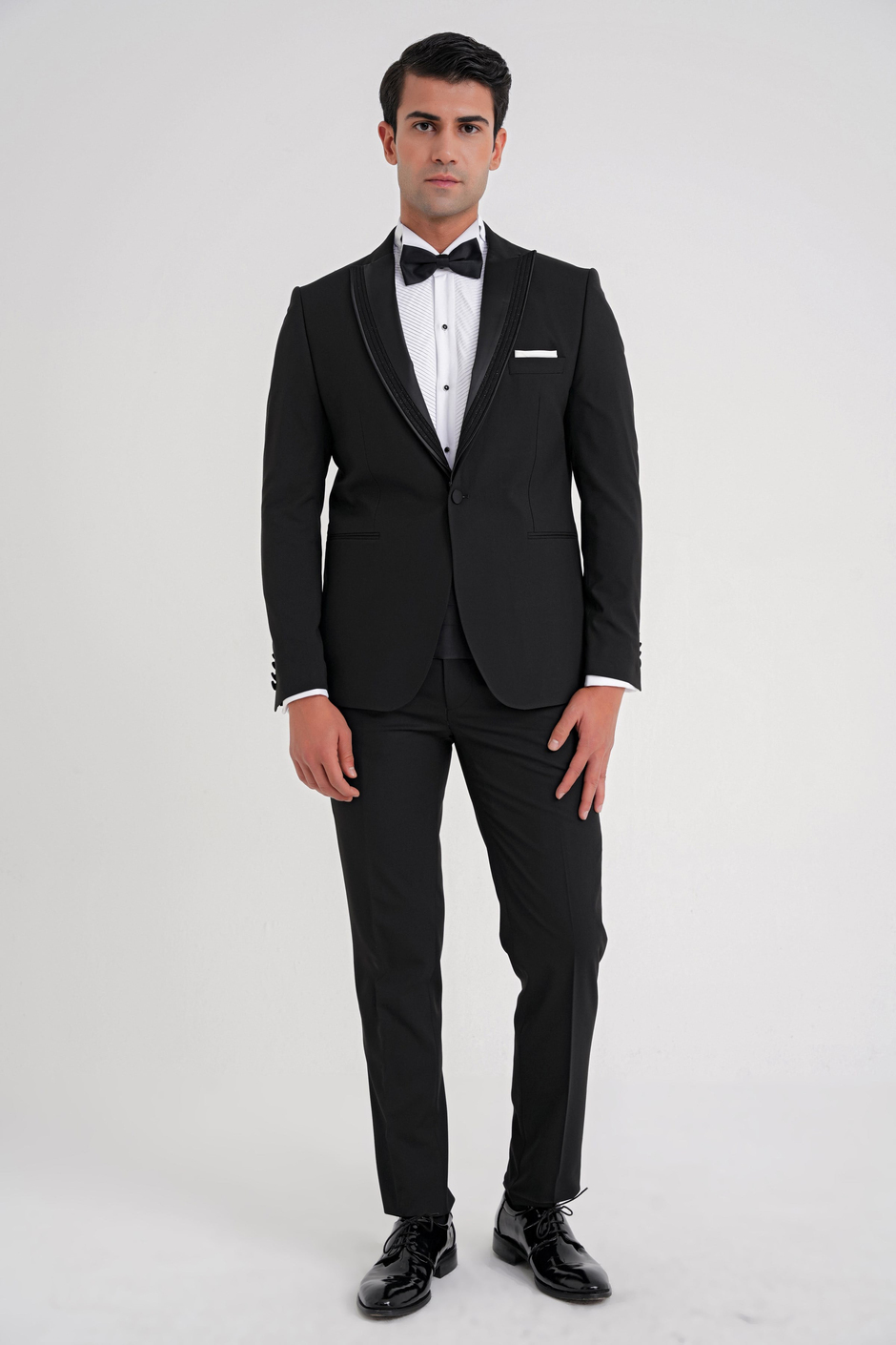 Slim Fit Tek Düğme Fleto Cep Çıkarılabilir Saten Yaka Siyah Damatlık Smokin Takım Black 084