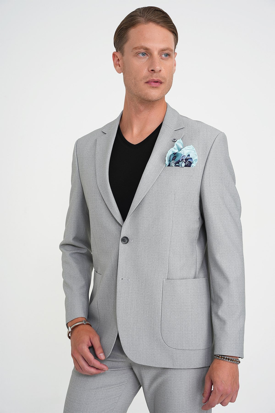 Slim Fit Torba Cep Esnek Pamuk Düz Gri Blazer Ceket C 712