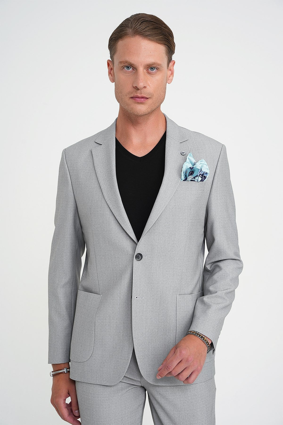 Slim Fit Torba Cep Esnek Pamuk Düz Gri Blazer Ceket C 712