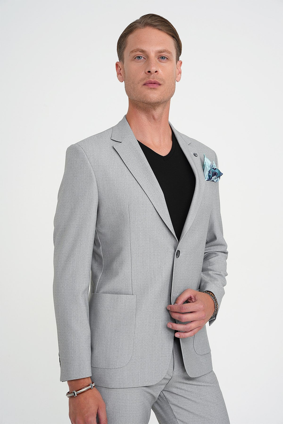 Slim Fit Torba Cep Esnek Pamuk Düz Gri Blazer Ceket C 712