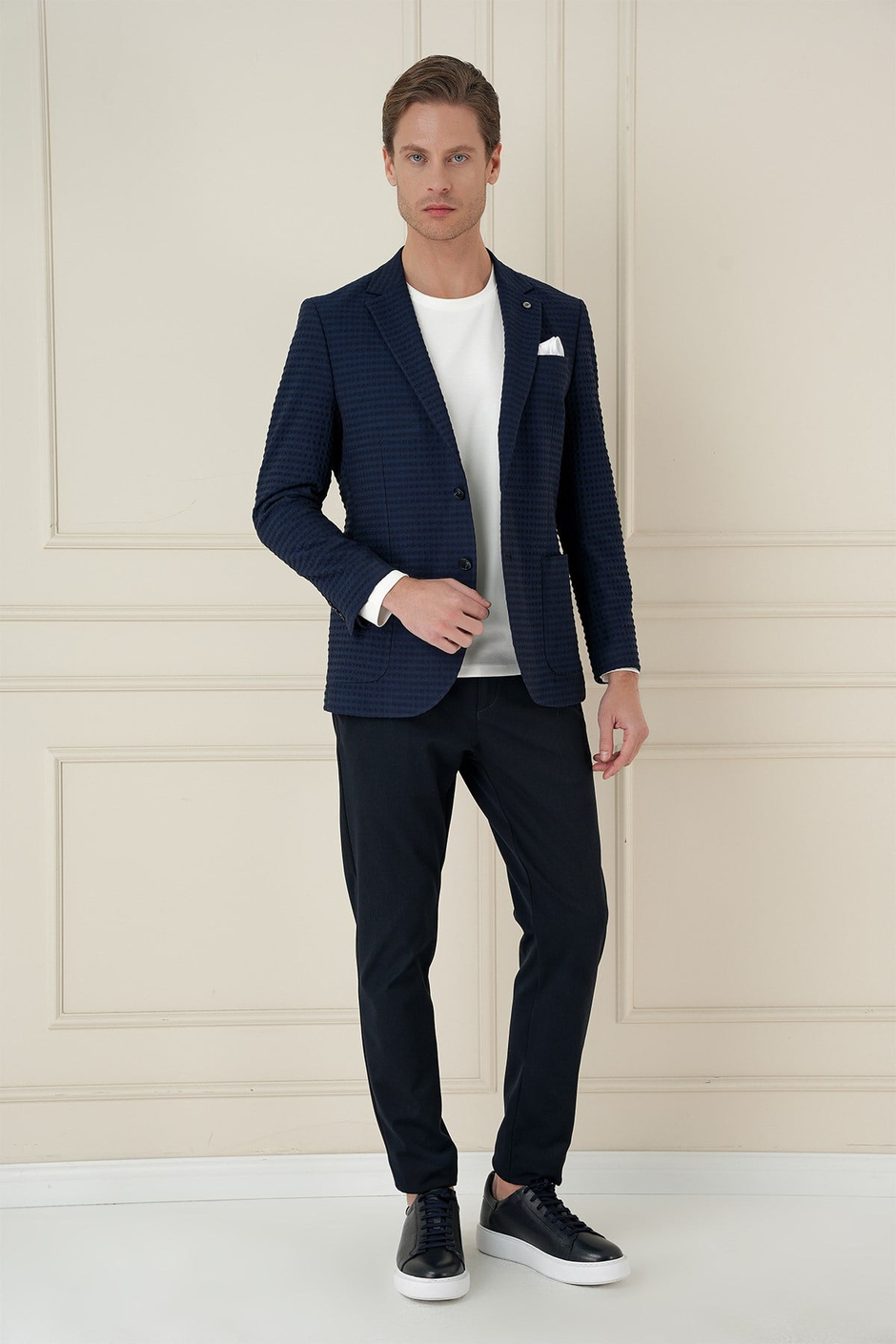 Slim Fit Torba Cep Esnek Pamuklu Gofre Kumaş Lacivert Ceket C 695