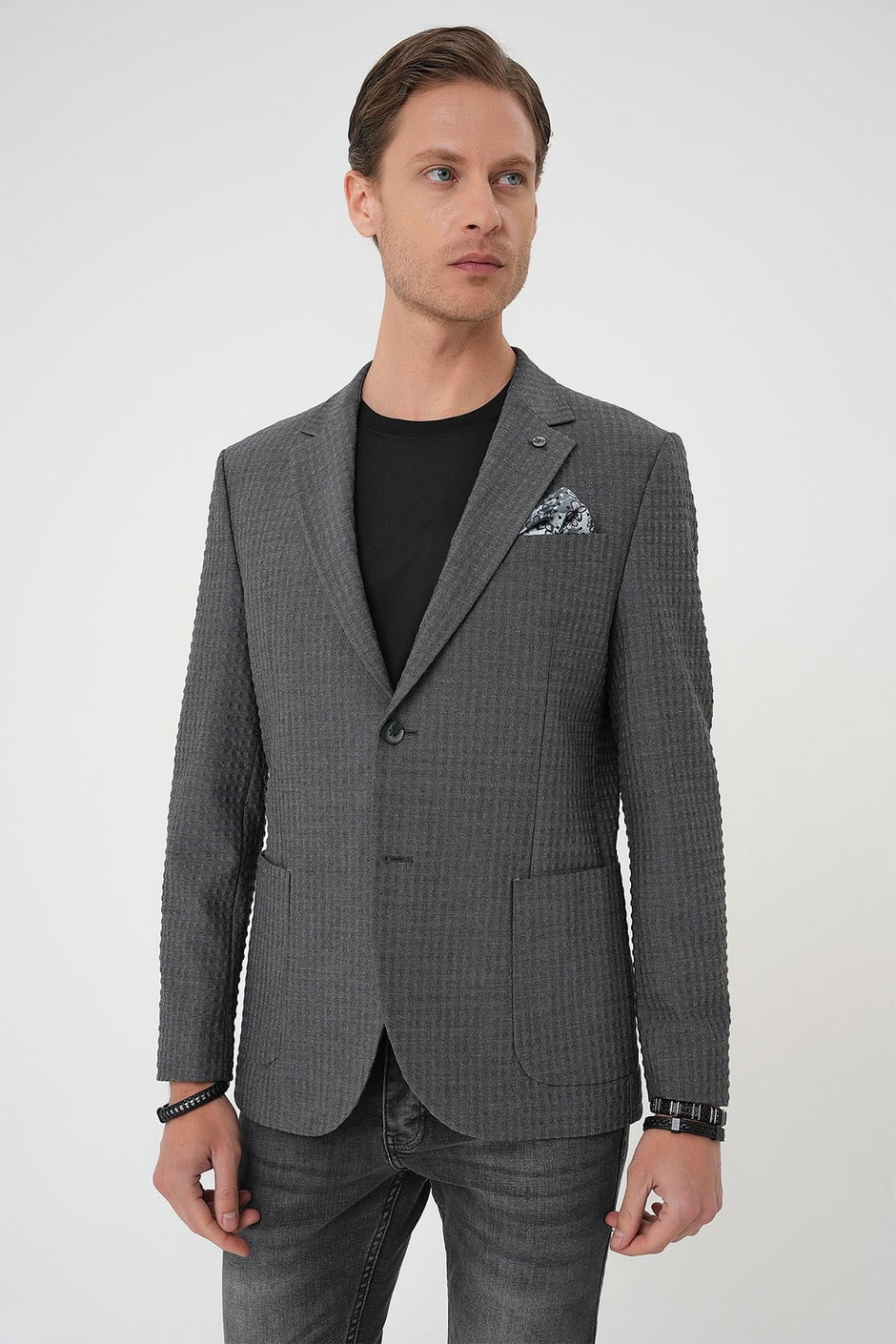 Slim Fit Torba Cep Esnek Pamuklu Gofre Kumaş Antrasit Ceket C 695