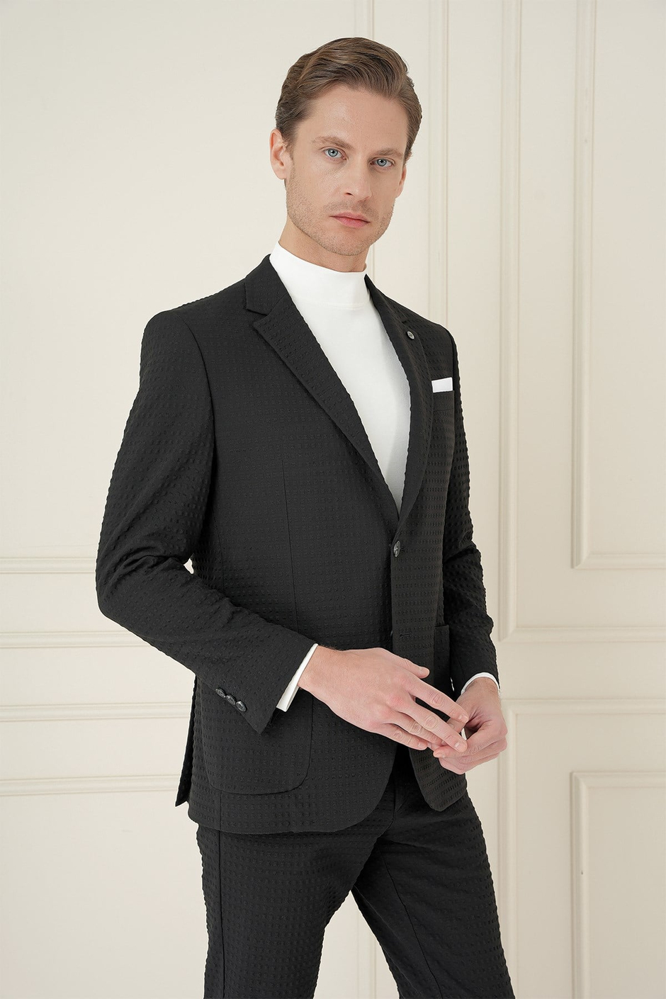 Slim Fit Torba Cep Esnek Pamuklu Gofre Kumaş Siyah Ceket C 695
