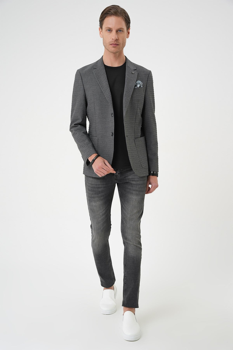 Slim Fit Torba Cep Esnek Pamuklu Gofre Kumaş Antrasit Ceket C 695