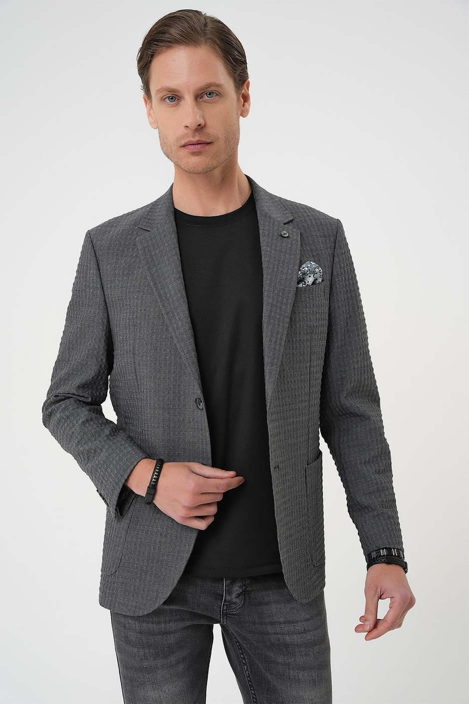 Slim Fit Torba Cep Esnek Pamuklu Gofre Kumaş Antrasit Ceket C 695