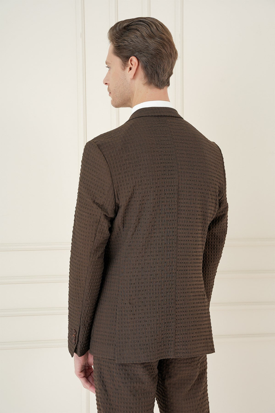 Slim Fit Torba Cep Esnek Pamuklu Gofre Kumaş Kakao Ceket C 695