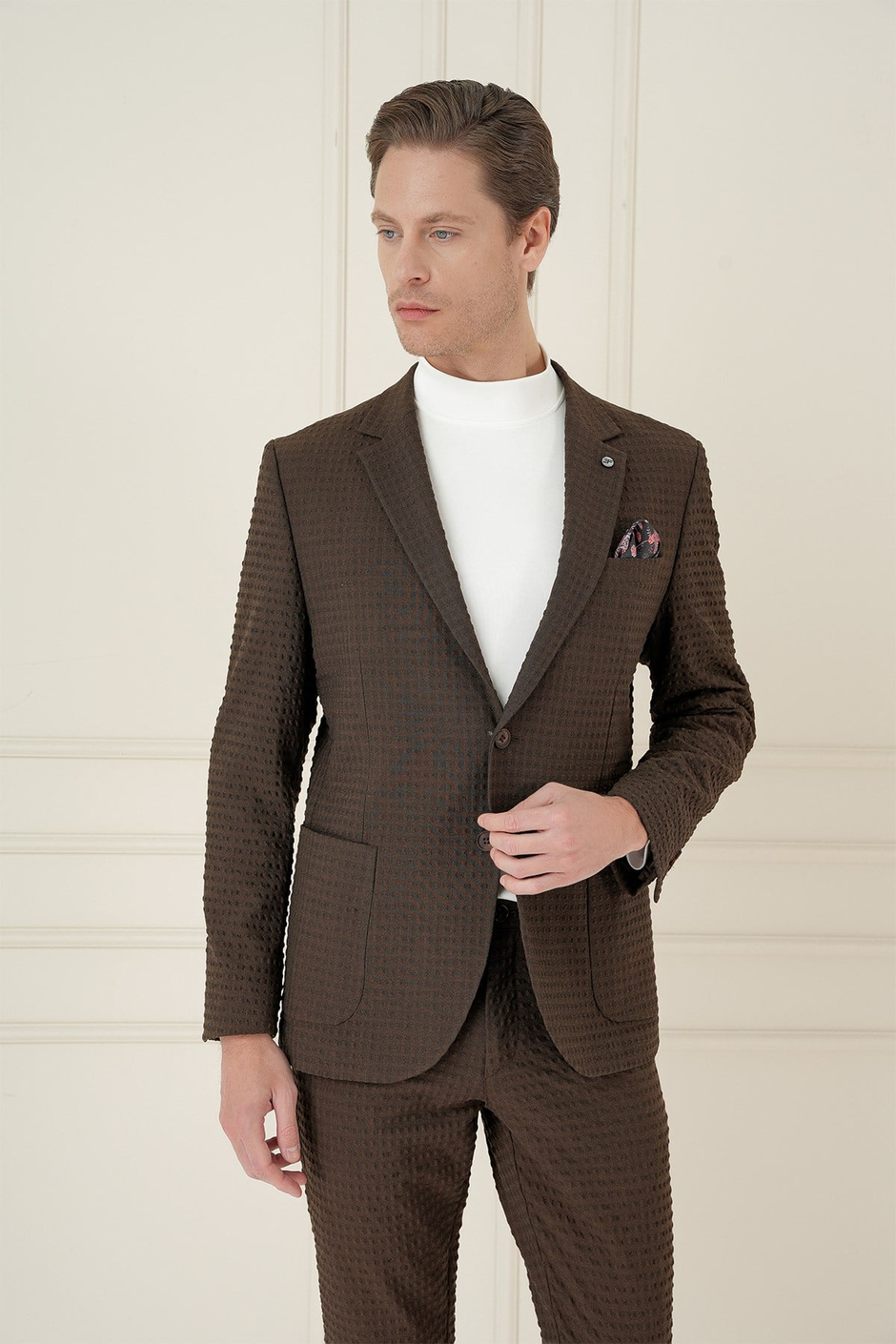 Slim Fit Torba Cep Esnek Pamuklu Gofre Kumaş Kakao Ceket C 695