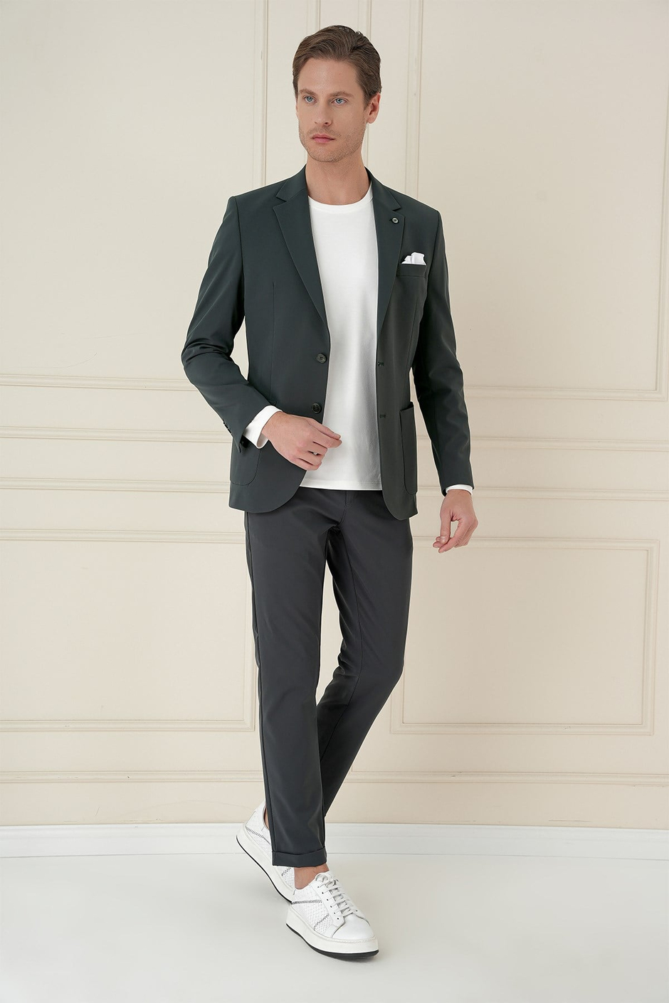 Slim Fit Torba Cep Esnek Spandex Karışımlı Düz Nefti Blazer Ceket C 696
