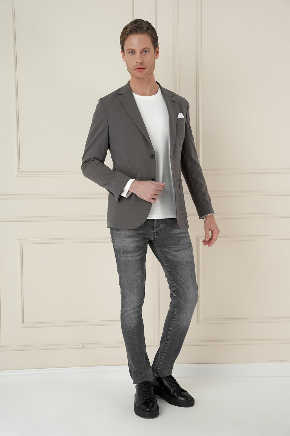Slim Fit Torba Cep Esnek Spandex Karışımlı Düz Koyu Haki Blazer Ceket C 696