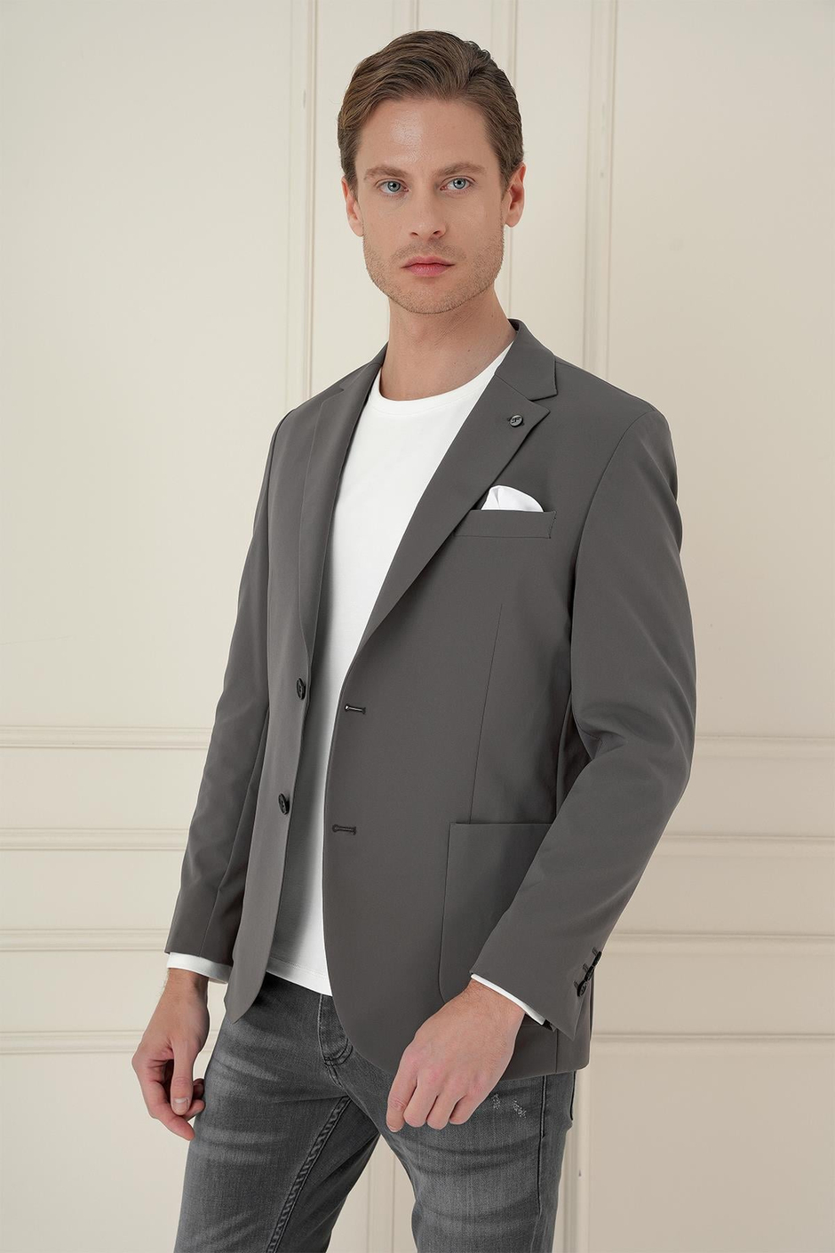 Slim Fit Torba Cep Esnek Spandex Karışımlı Düz Koyu Haki Blazer Ceket C 696