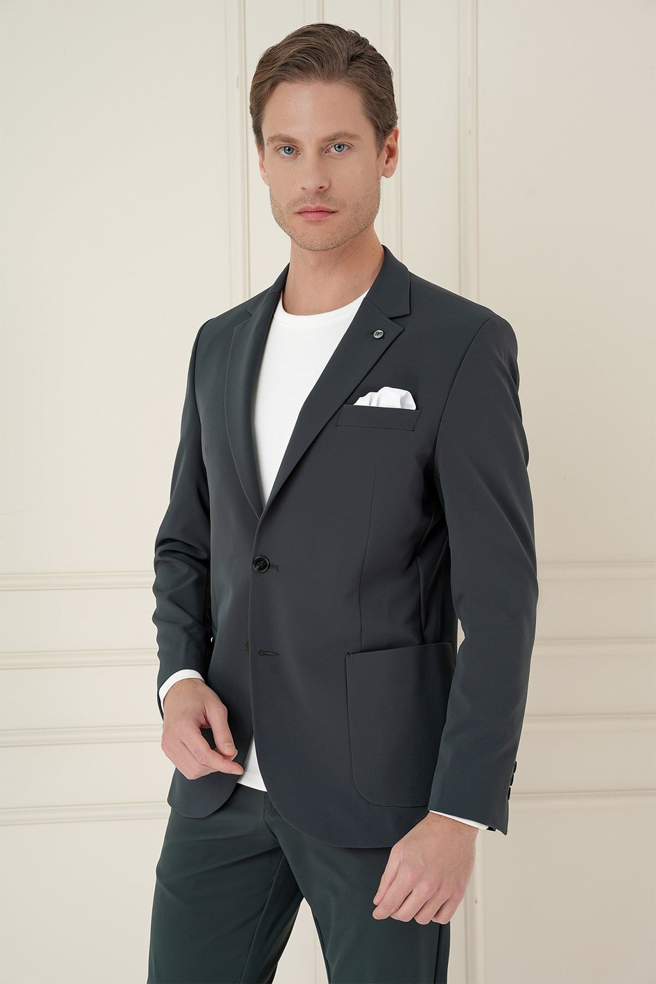 Slim Fit Torba Cep Esnek Spandex Karışımlı Düz Nefti Blazer Ceket C 696
