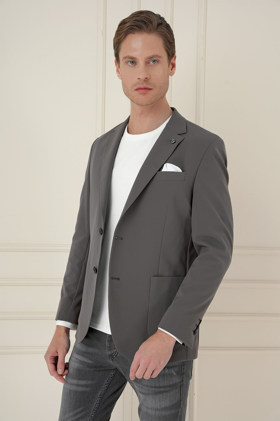 Slim Fit Torba Cep Esnek Spandex Karışımlı Düz Koyu Haki Blazer Ceket C 696