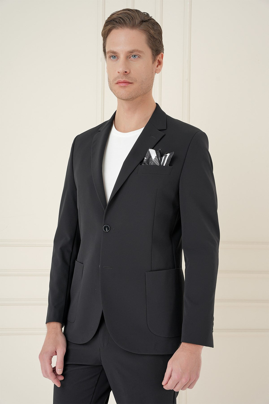 Slim Fit Torba Cep Esnek Spandex Karışımlı Düz Siyah Blazer Ceket C 696