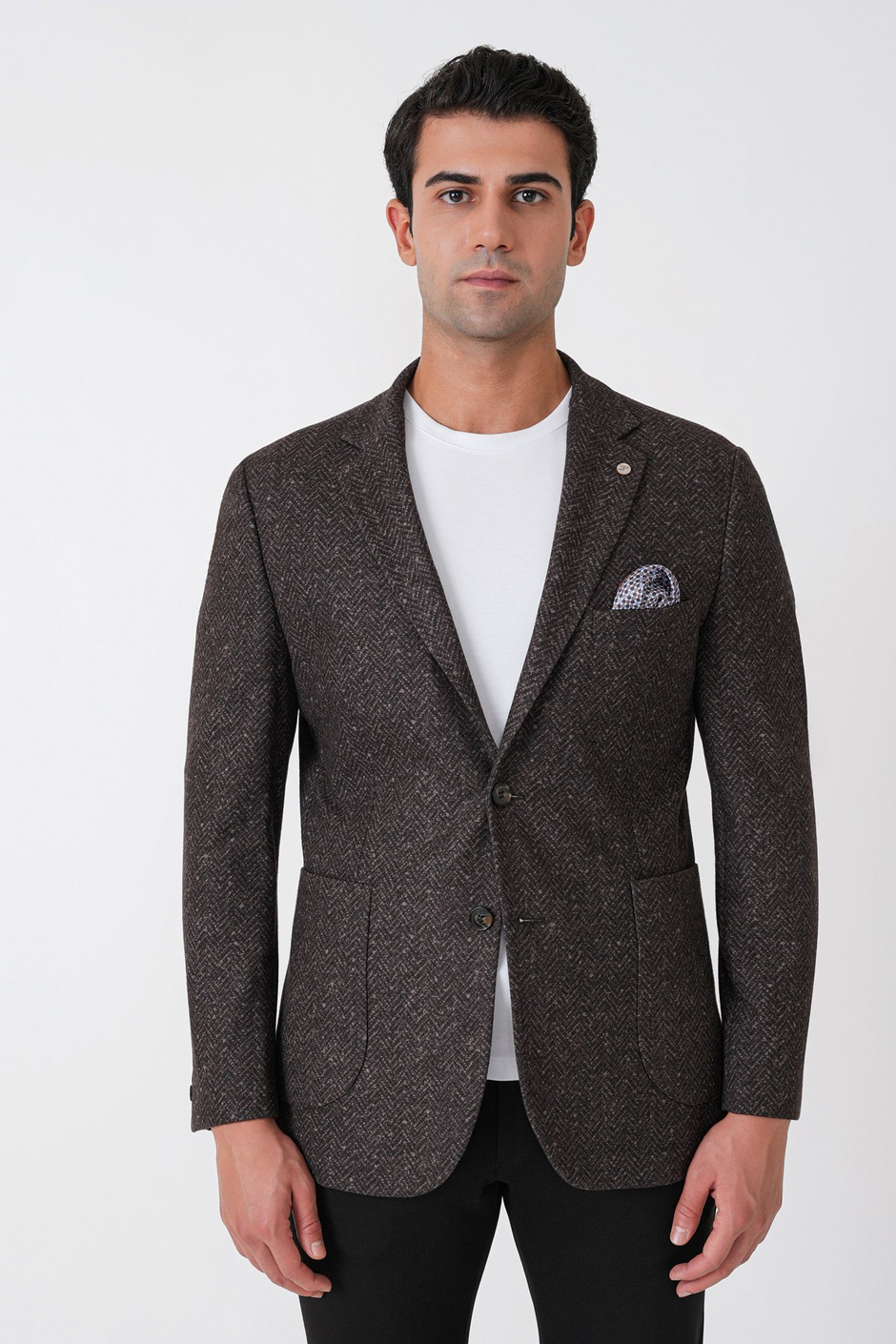 Slim Fit Torba Cep Esnek Yünlü Balıksırtı Dokuma Kahverengi Ceket C 750
