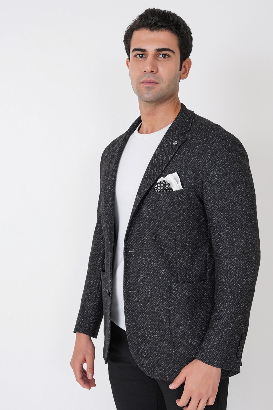 Slim Fit Torba Cep Esnek Yünlü Balıksırtı Dokuma Siyah Ceket C 750