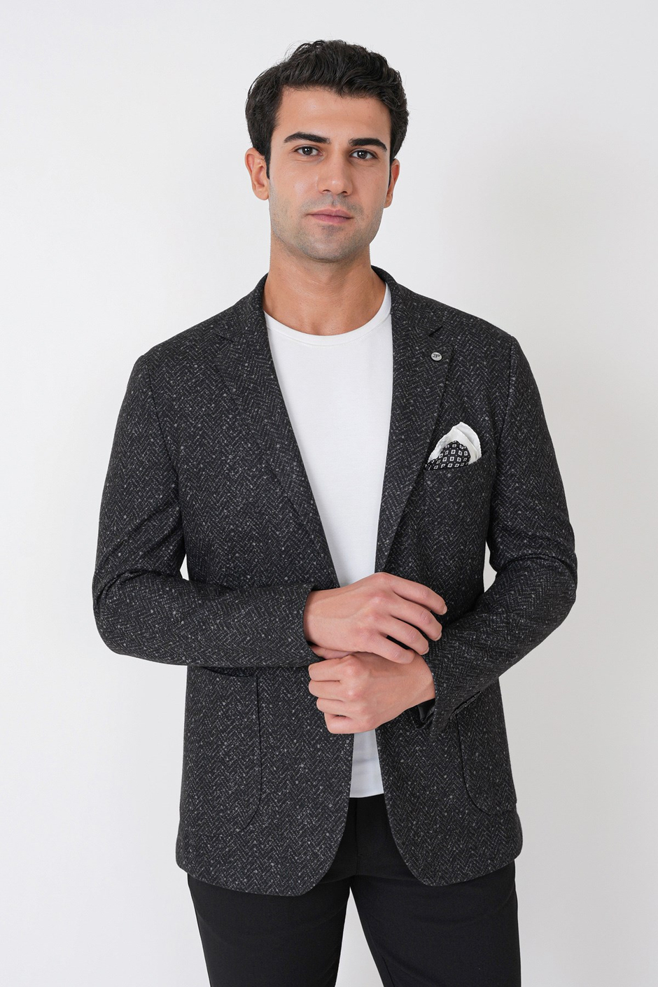 Slim Fit Torba Cep Esnek Yünlü Balıksırtı Dokuma Siyah Ceket C 750