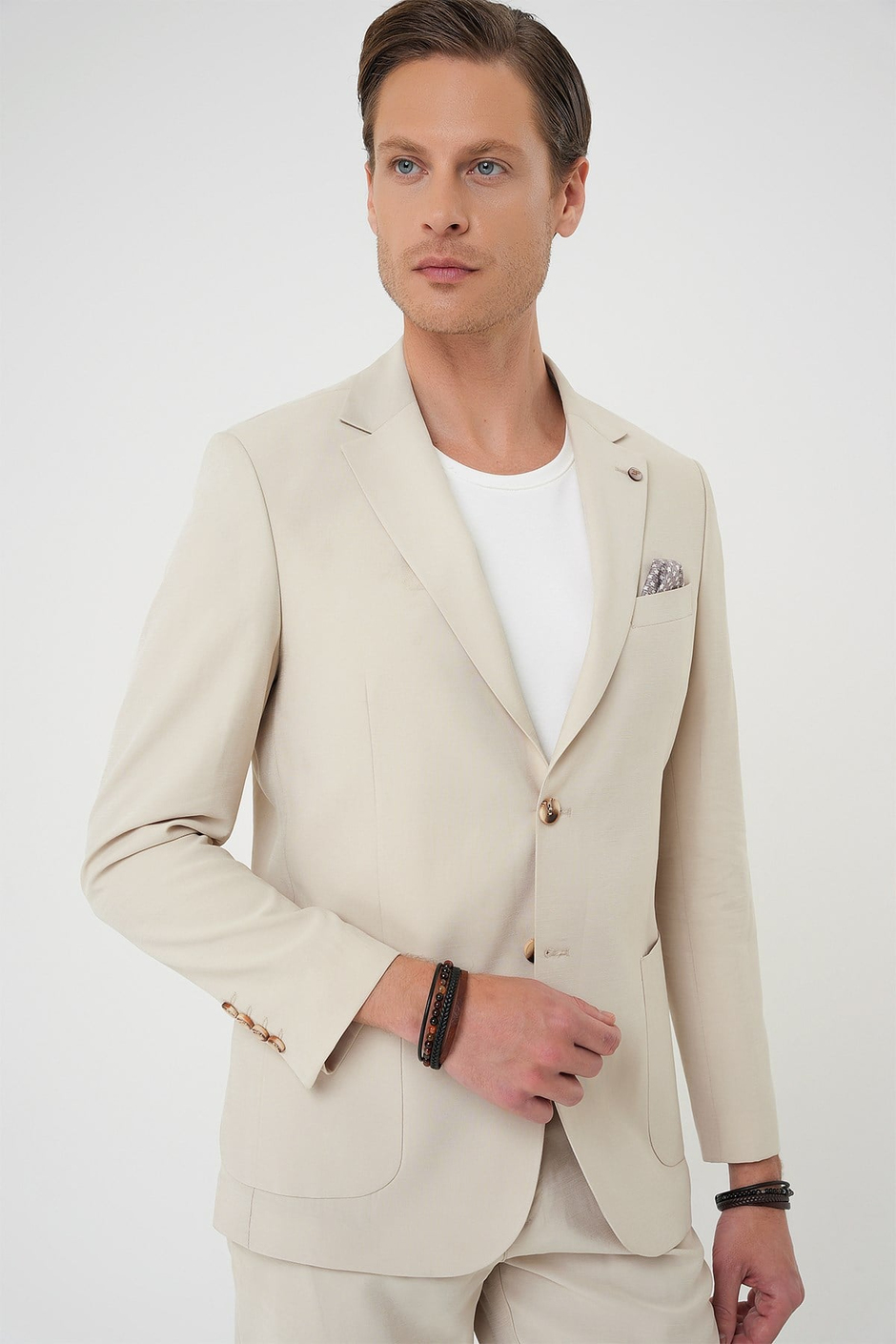Slim Fit Torba Cep Spandex Karışımlı Esnek Krem Ceket C 714
