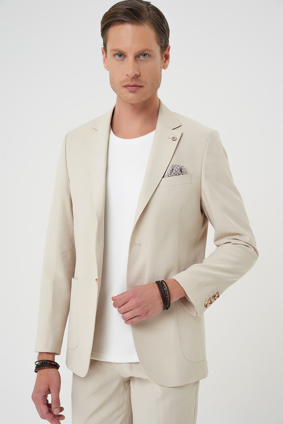 Slim Fit Torba Cep Spandex Karışımlı Esnek Krem Ceket C 714