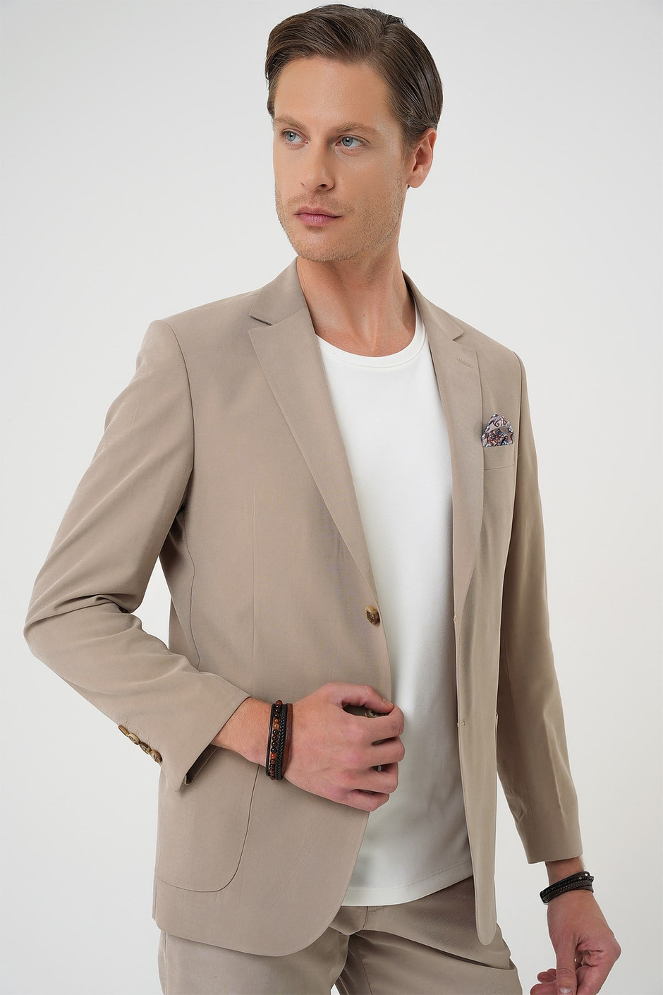 Slim Fit Torba Cep Spandex Karışımlı Esnek Bej Ceket C 714