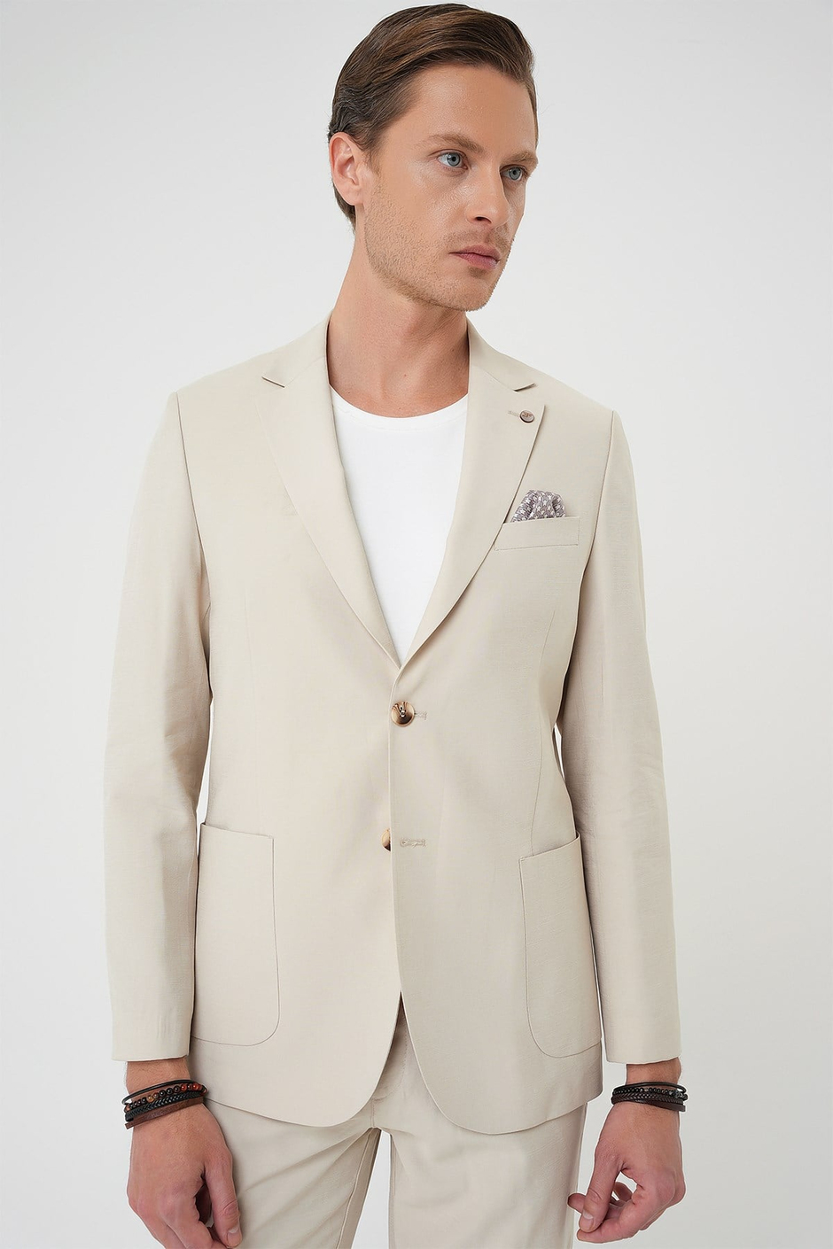 Slim Fit Torba Cep Spandex Karışımlı Esnek Krem Ceket C 714