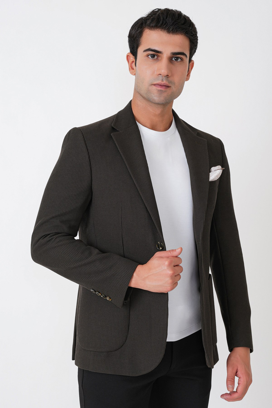 Slim Fit Torba Cepli Fitilli Dokuma Esnek Yünlü Haki Ceket C 747