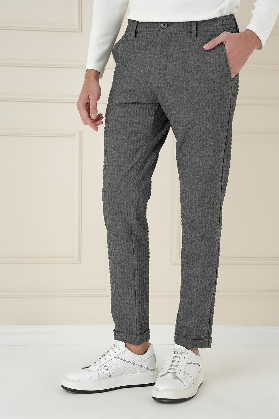 Slim Fit Waffle Kumaş Esnek Pamuk Antrasit Pantolon P 1168