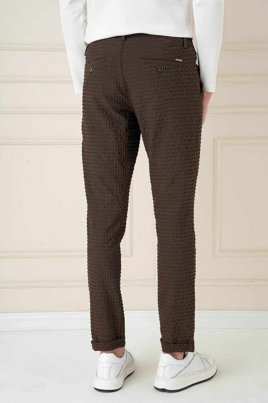 Slim Fit Waffle Kumaş Esnek Pamuk Kahverengi Pantolon P 1168