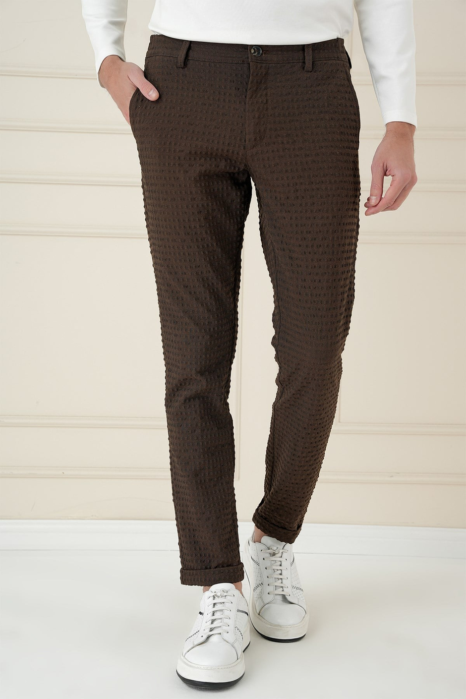 Slim Fit Waffle Kumaş Esnek Pamuk Kahverengi Pantolon P 1168