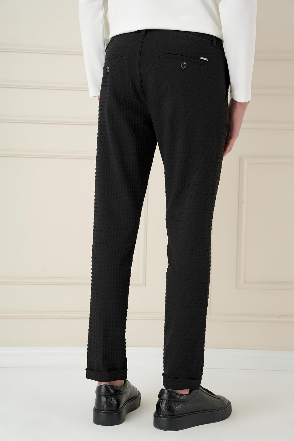 Slim Fit Waffle Kumaş Esnek Pamuk Siyah Pantolon P 1168