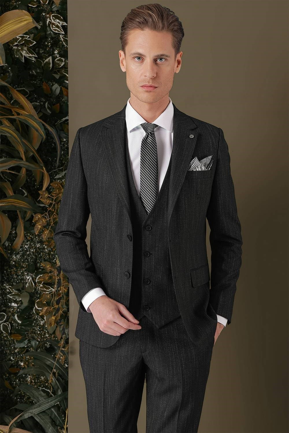 Slim Fit Yağmur Desenli Esnek Siyah Yelekli Takım Elbise TK 883