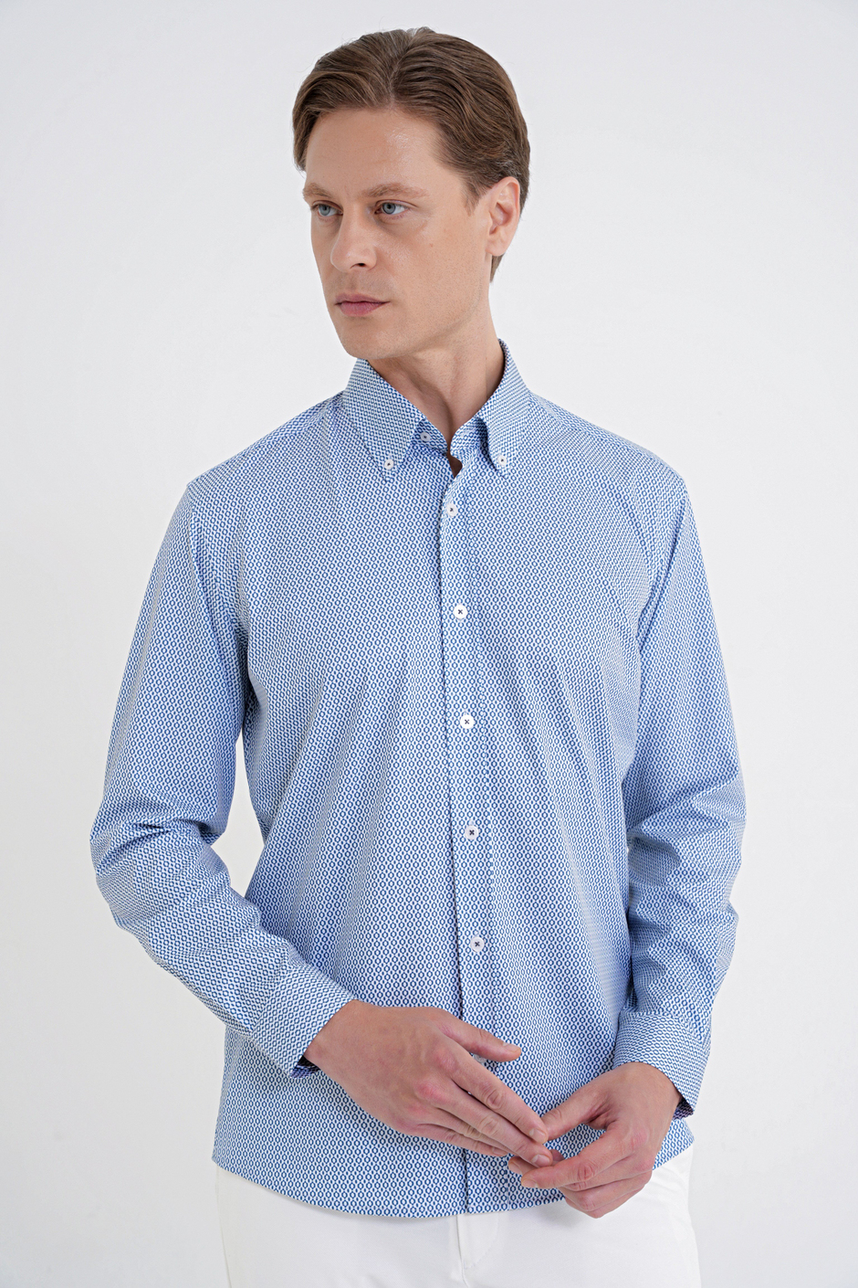 Slim Fit Yaka Düğmeli Baskılı Pamuklu Mavi Gömlek G 1606
