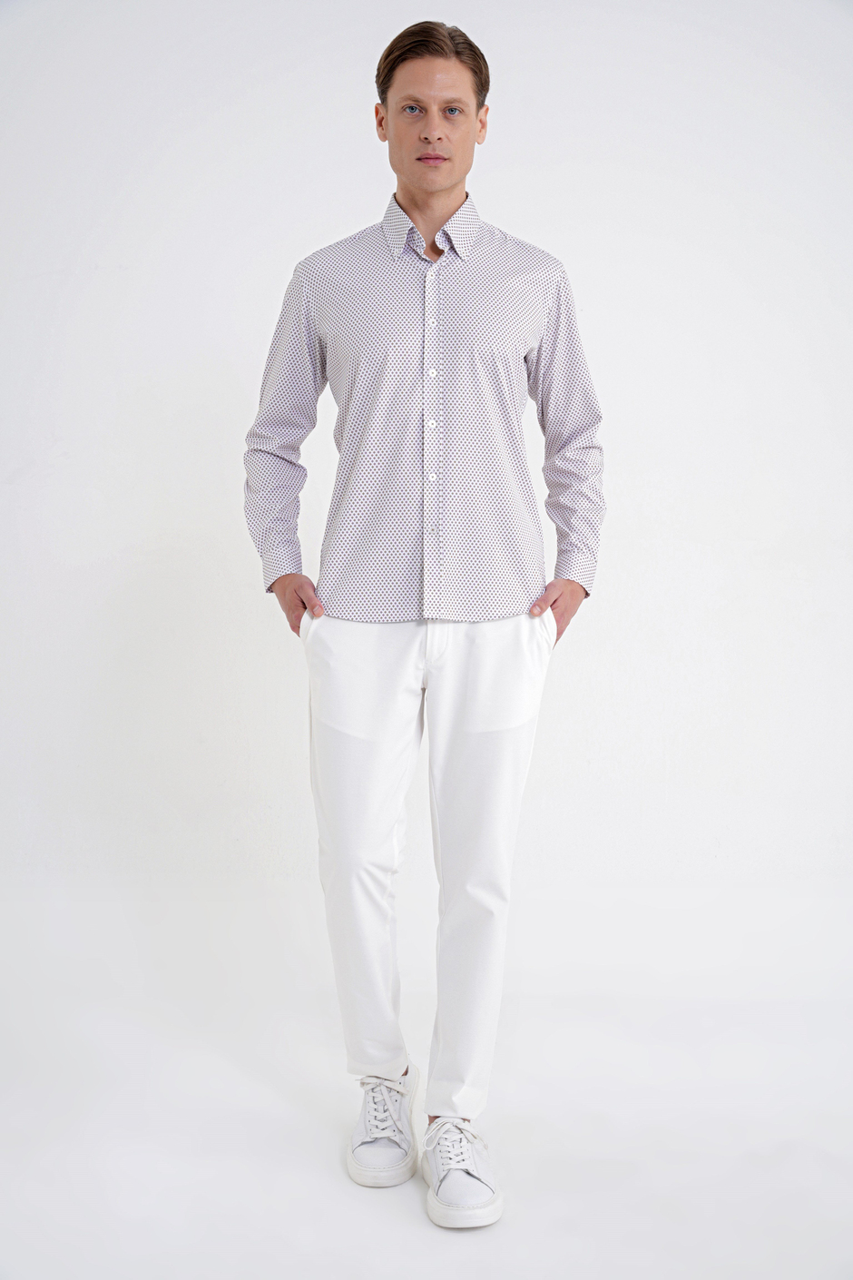 Slim Fit Yaka Düğmeli Baskılı Pamuklu Beyaz Gömlek G 1605